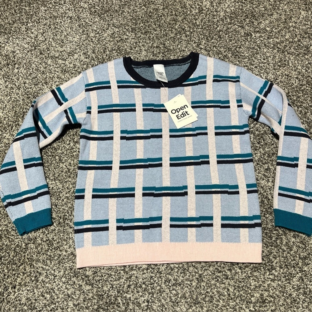 NWT Nordstrom  Open Edit Youth Blue Plaid Sweater 100% Cotton Size 7